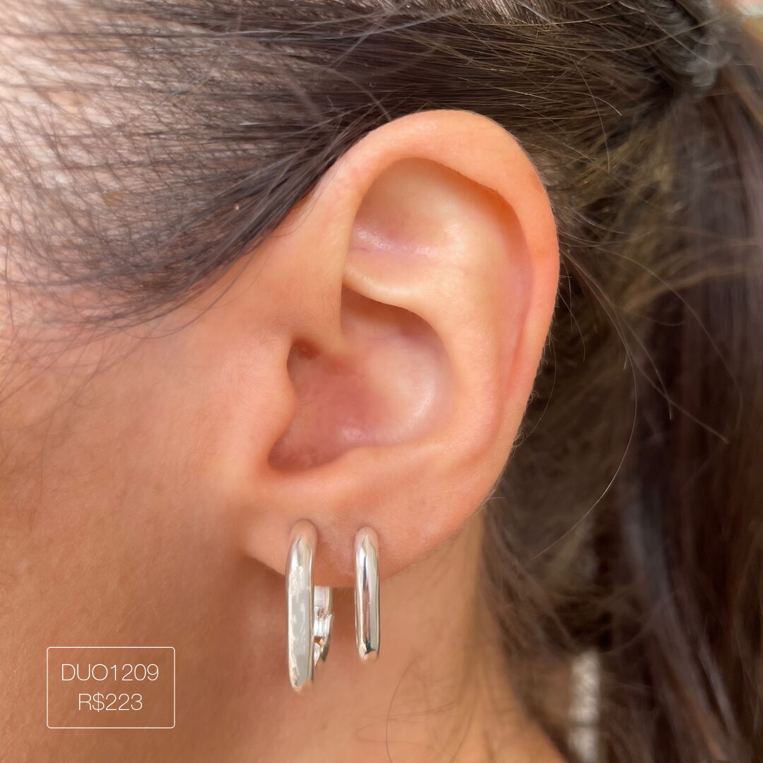 Duo Argola Quadrada Ovalada Lisa Prateada